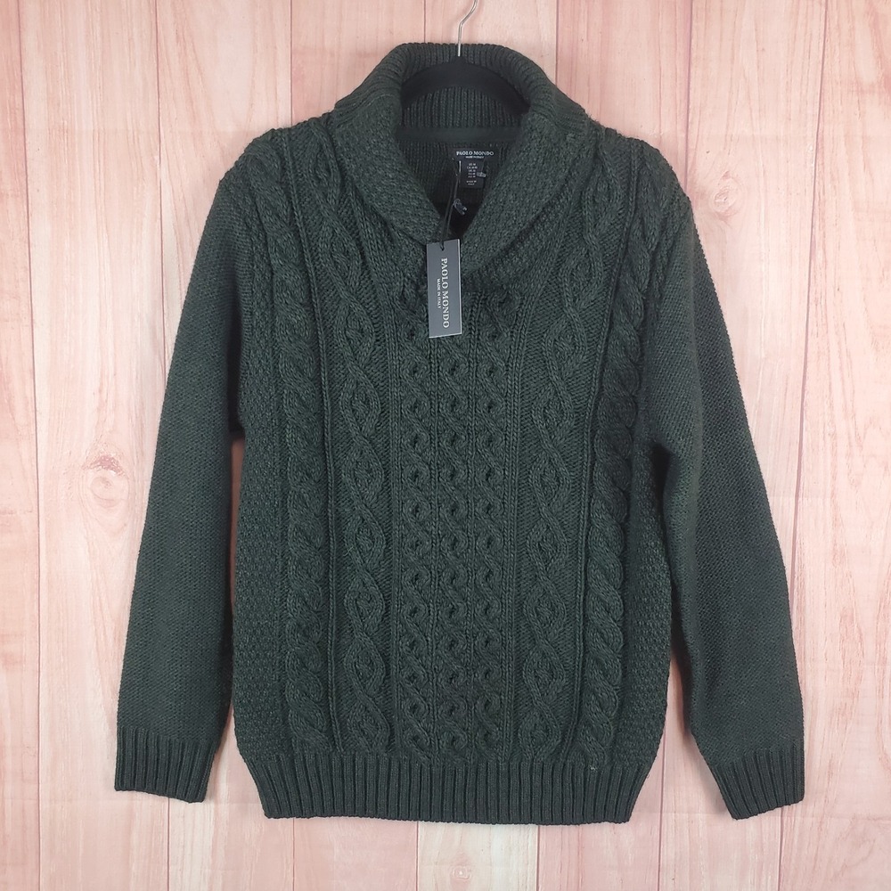 Paolo Mondo Mens Sweater Medium Green Acrylic Wool Shawl Collar Long Sleeve‎